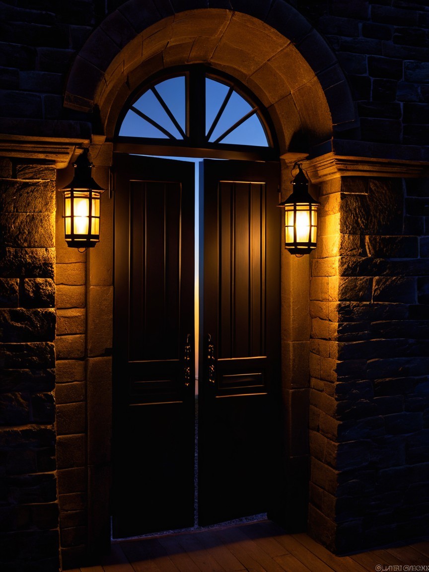 Arched Stone Entryway with Lanterns at Night