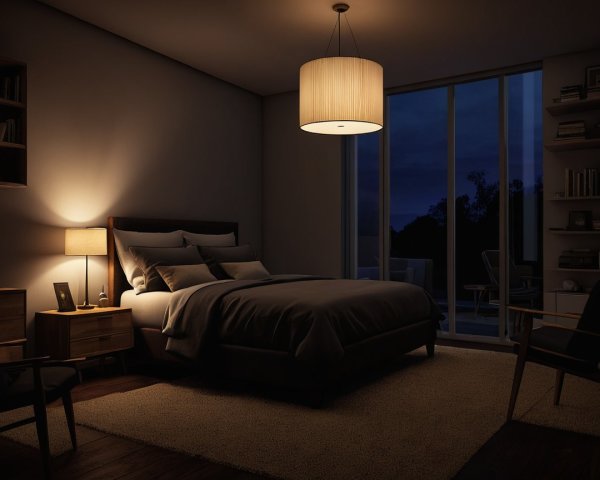 Cozy dimly lit bedroom with warm lighting and decor