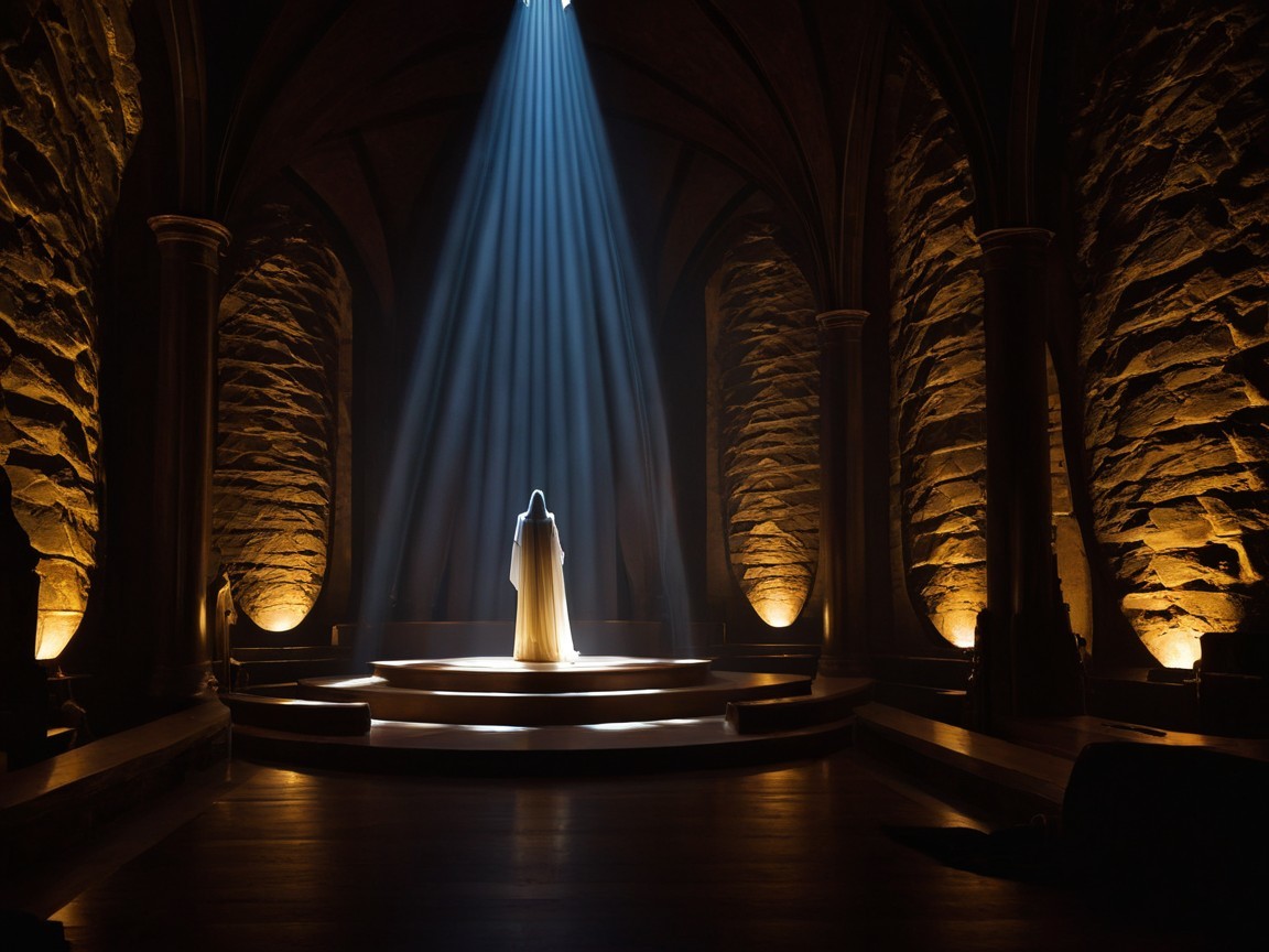 Ancient Temple Scene with Dramatic Lighting and Figure