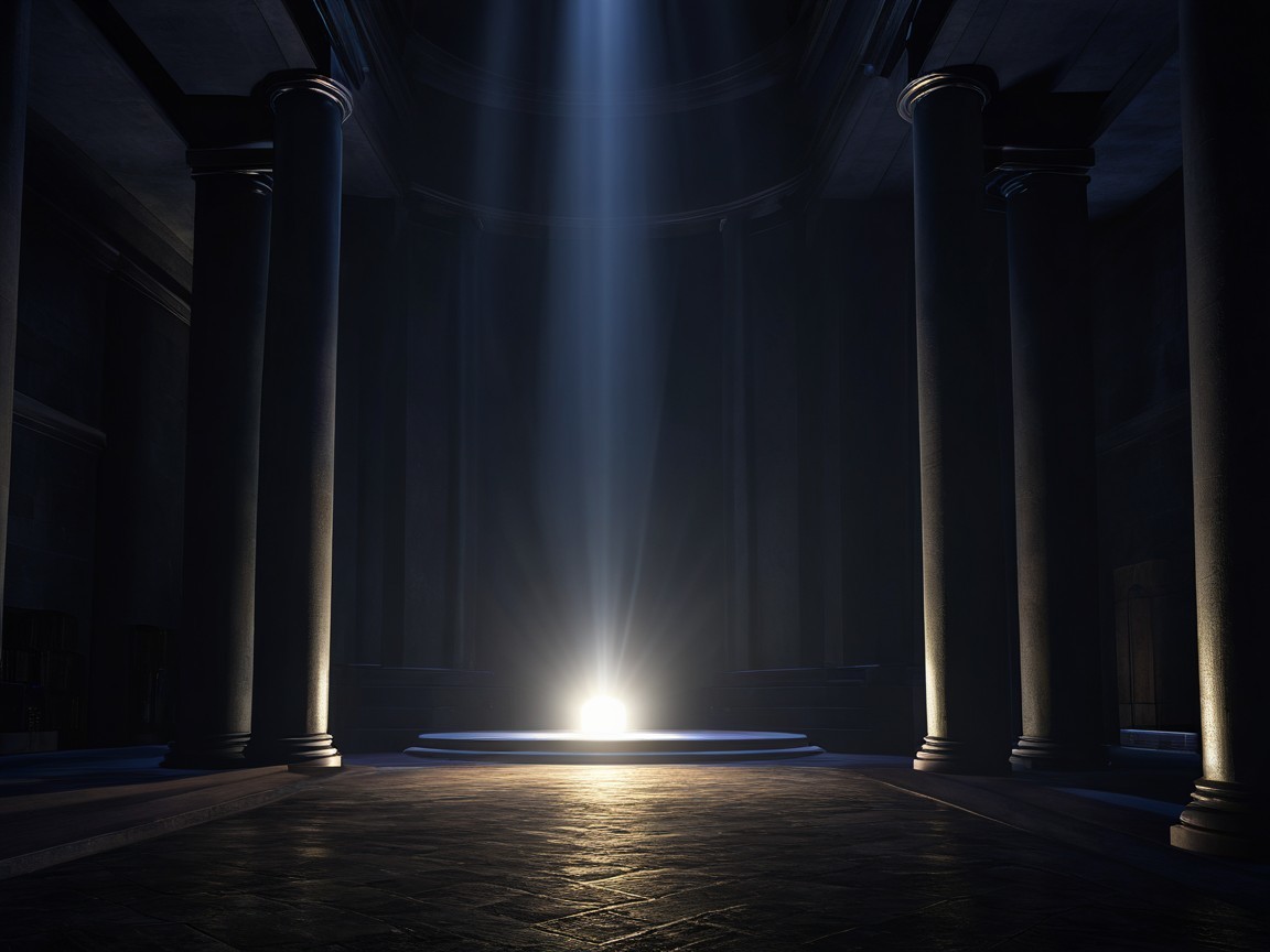 Dark Room with Tall Columns and Circular Platform