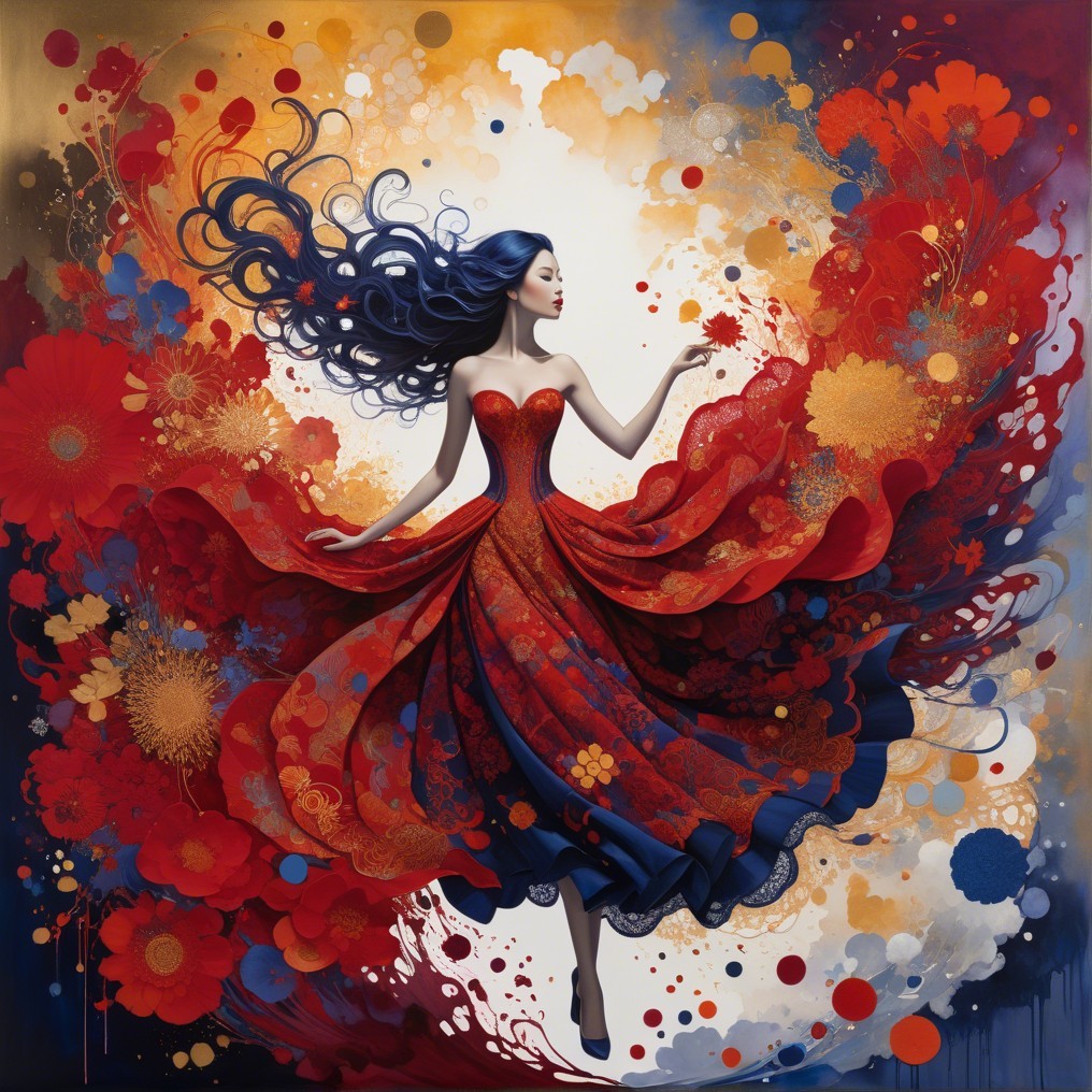 Whimsical Figure in Vibrant Dress Amid Abstract Florals