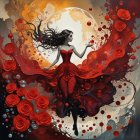 Whimsical Figure in Vibrant Dress Amid Abstract Florals