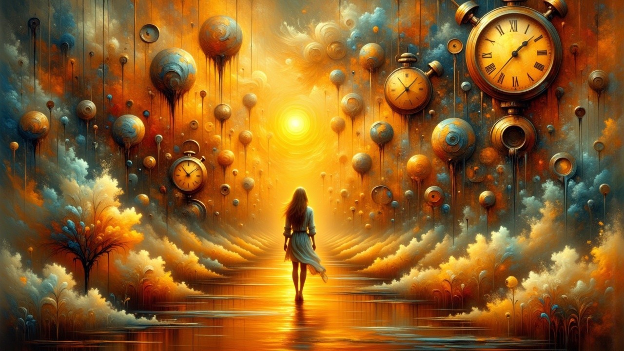 Surreal Landscape with Clocks and Vibrant Spheres