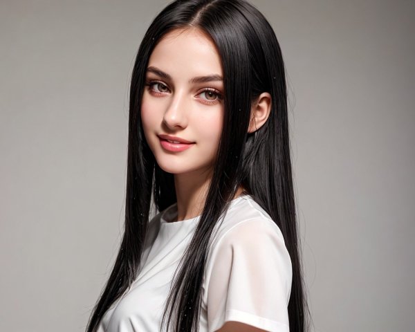 Young woman with long black hair and elegant pose