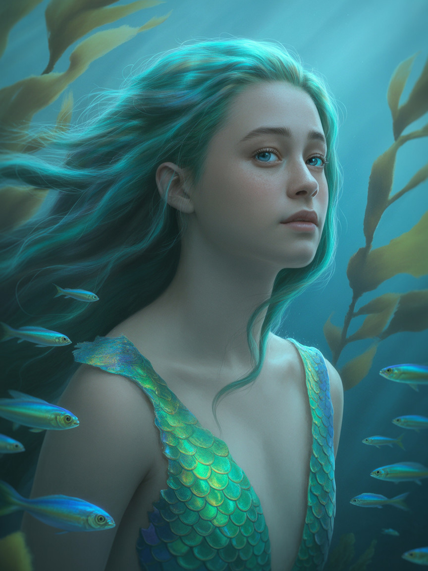 Underwater Scene with Mermaid and Lush Vegetation