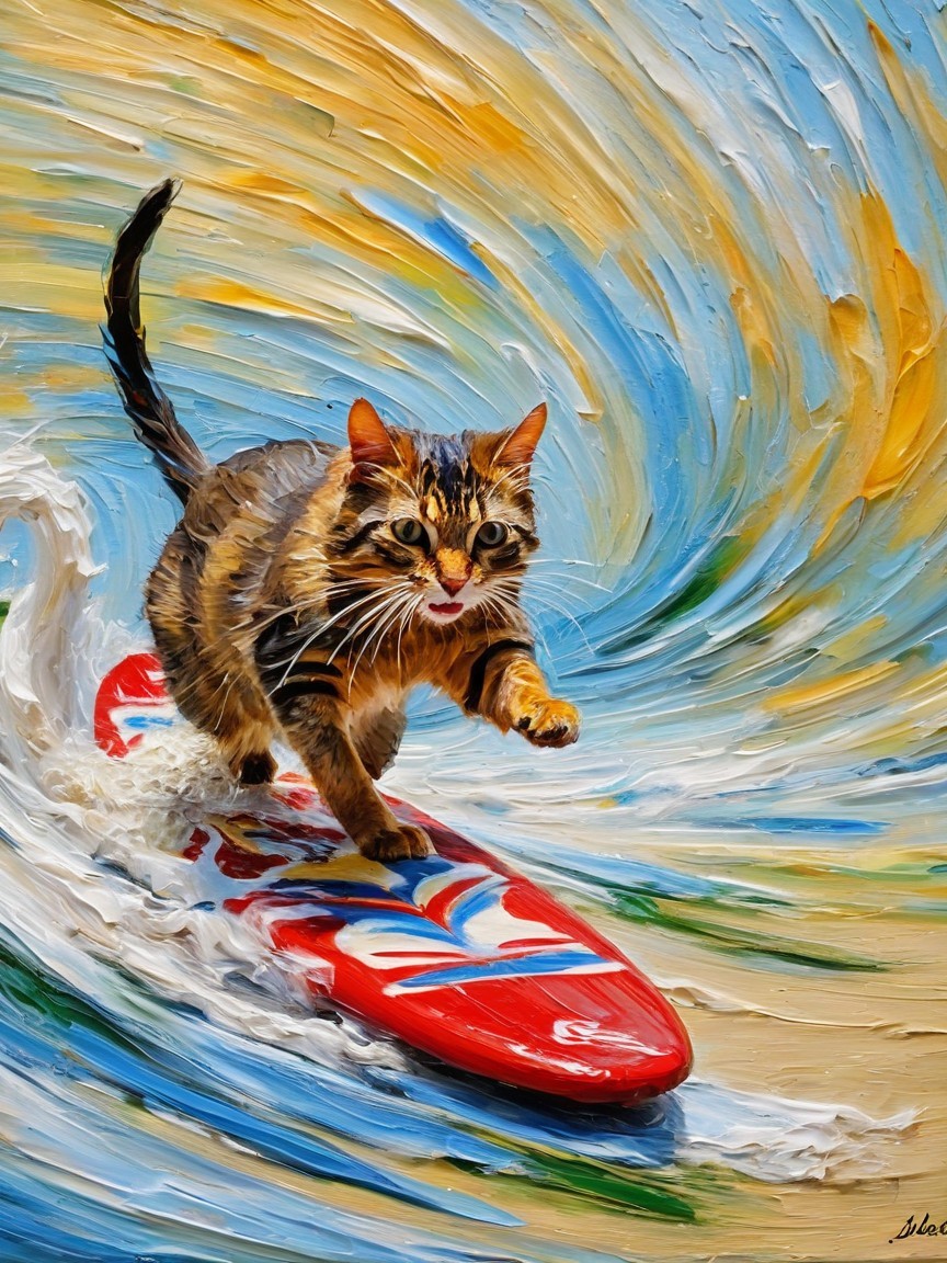 Whimsical Cat Surfing on a Red Surfboard Painting