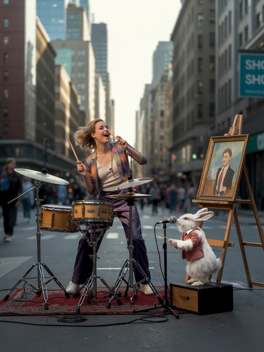 Street Scene with Drummer and Rabbit in NYC