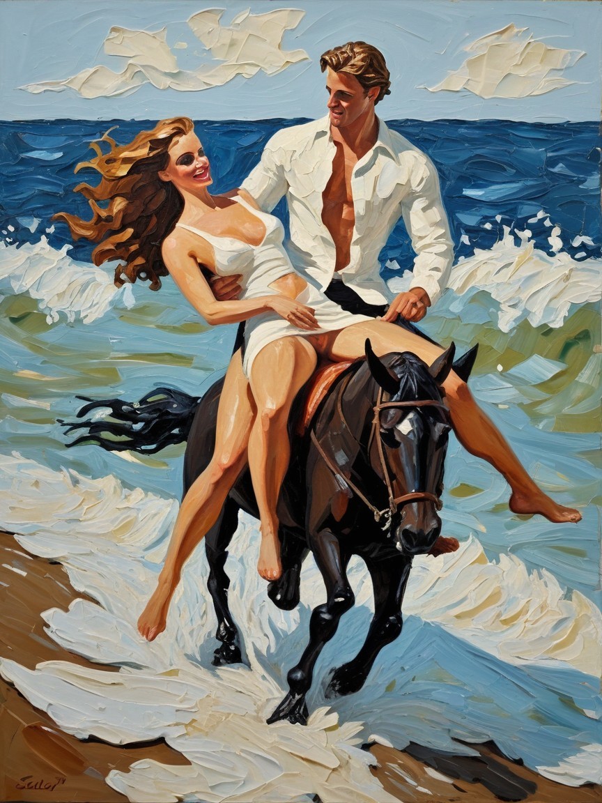 Couple Riding Horse on Sunlit Beach Scene