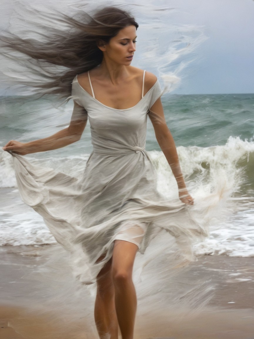 Woman in flowing dress on beach with waves and clouds