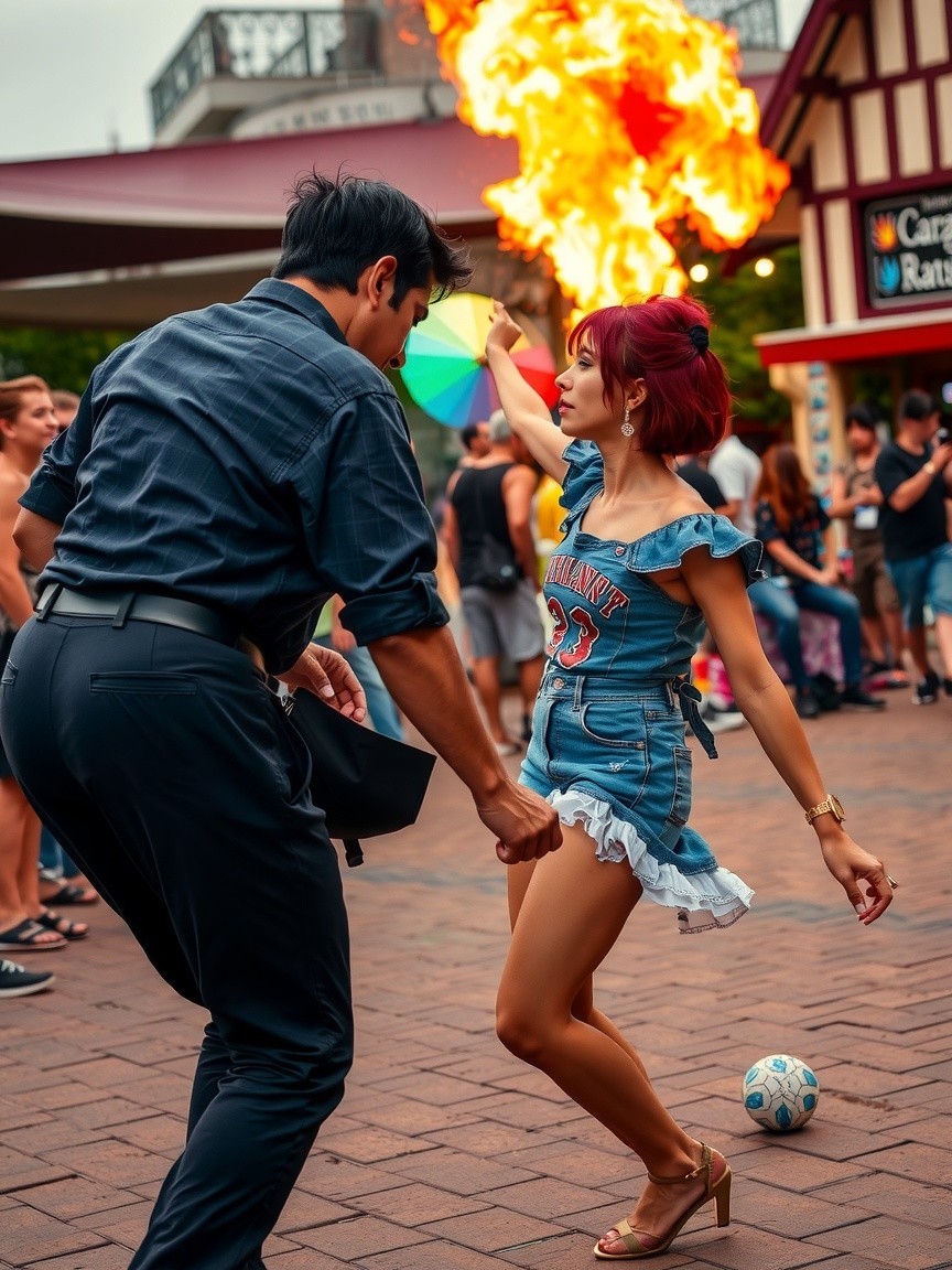Couple Dancing in Vibrant Outdoor Setting with Flames