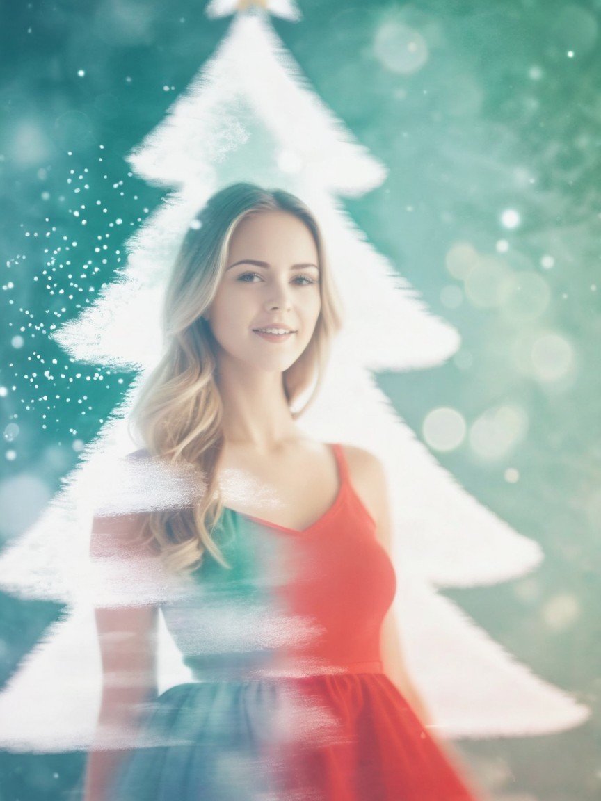 Cheerful Woman in Red Dress with Christmas Tree Background