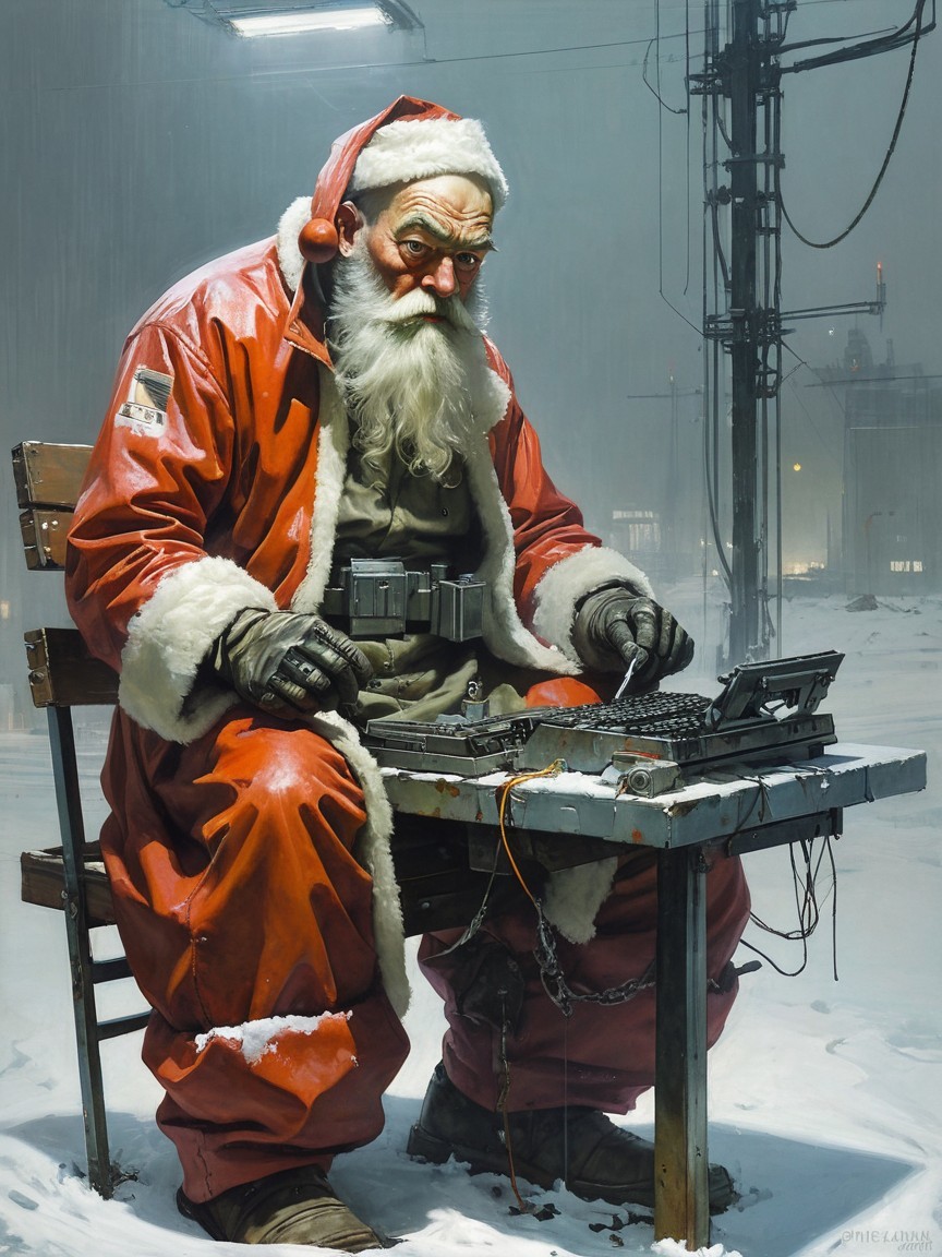 Cyborg Santa Claus Using Steampunk Typewriter in Snow