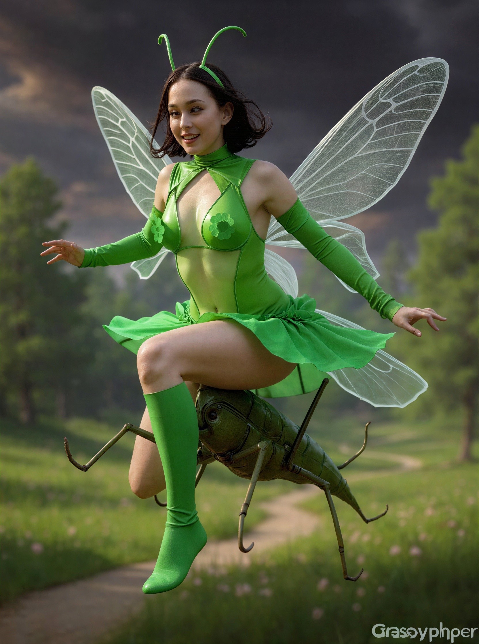 Woman in Bug Costume on Giant Grasshopper