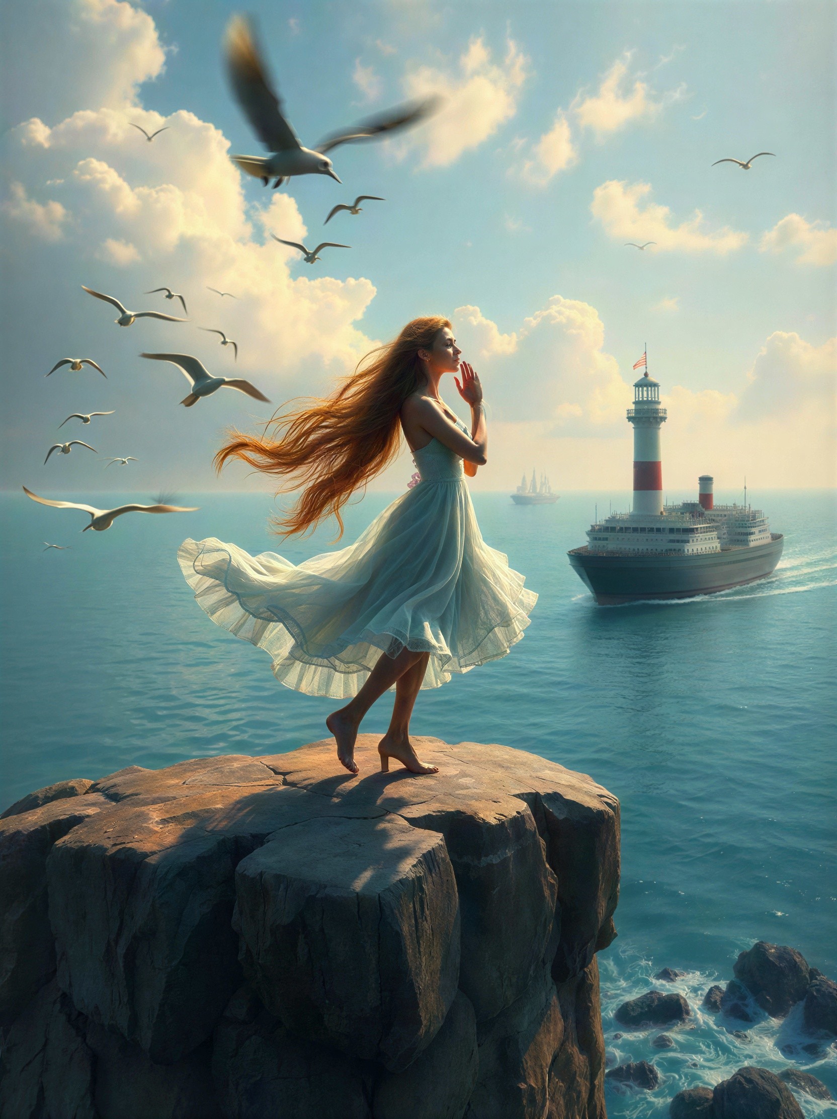 Elegant woman in blue dress at cliff by ocean