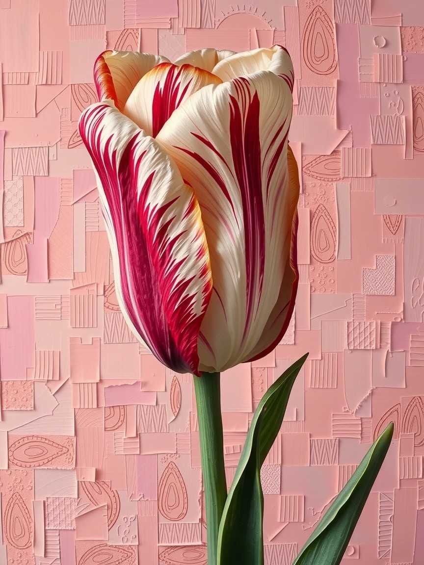 Vivid Red and Cream Striped Tulip on Pink Background