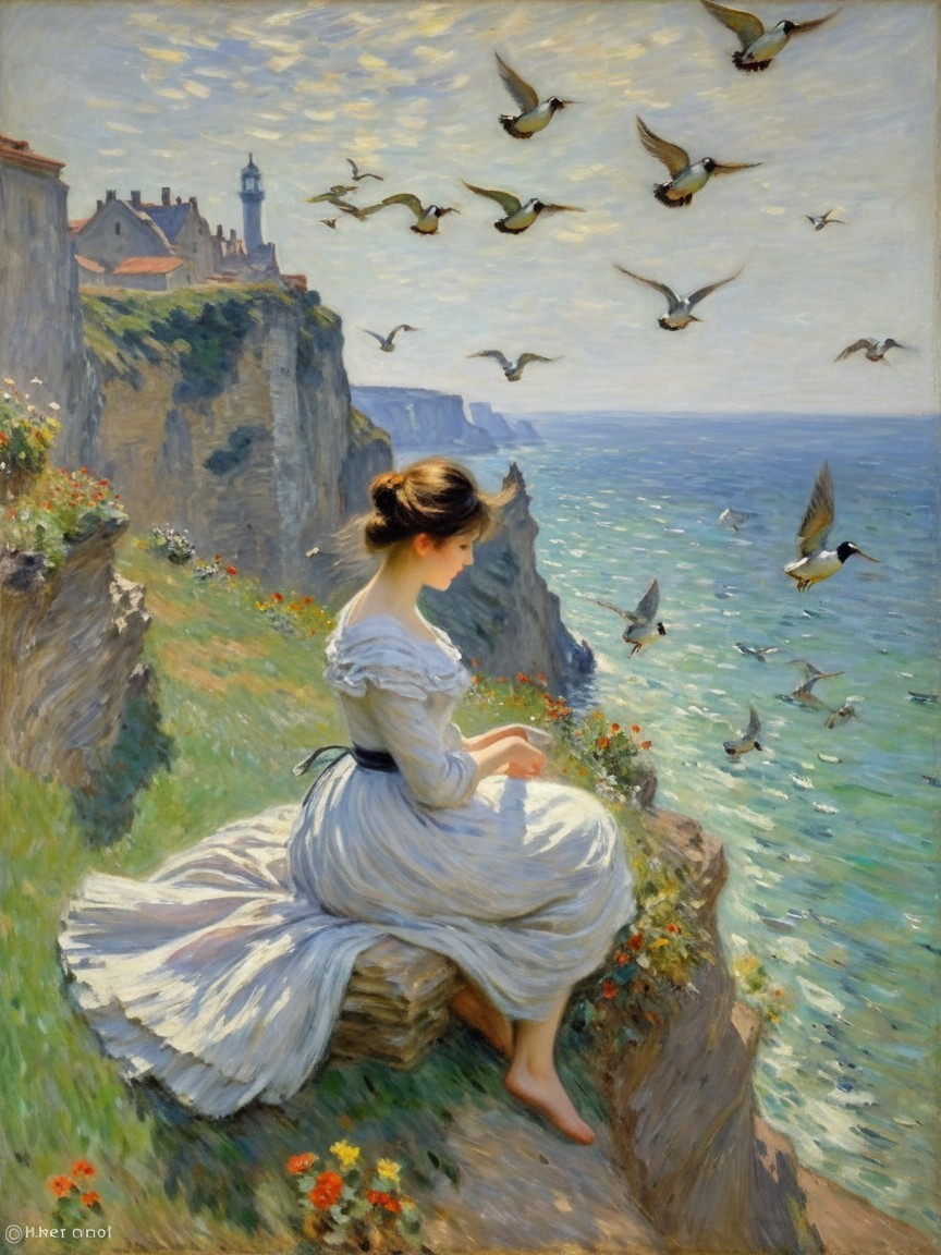 Pre-Raphaelite Painting of Woman on Cliff Edge