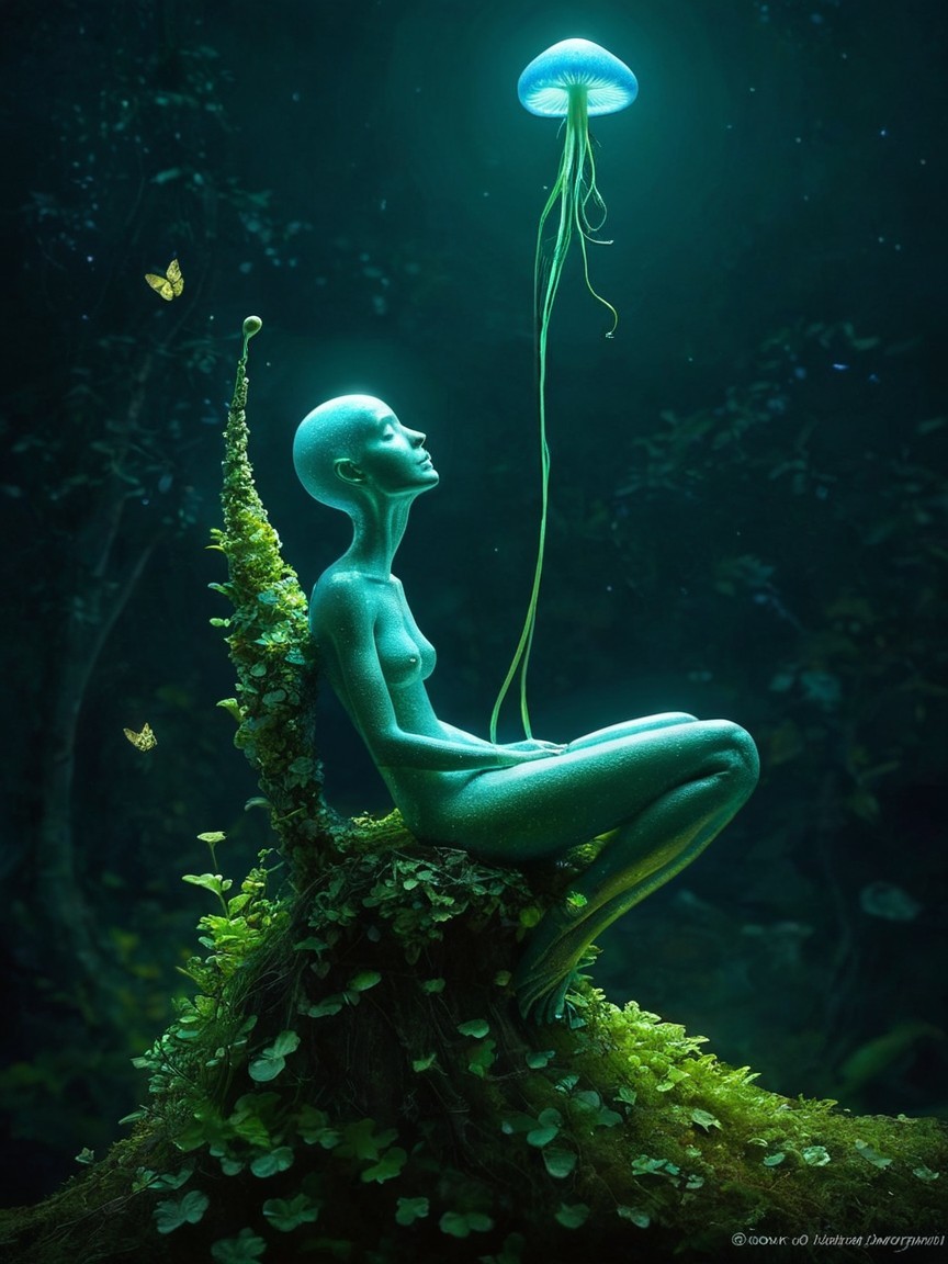 Teal-skinned figure with jellyfish in dark forest scene