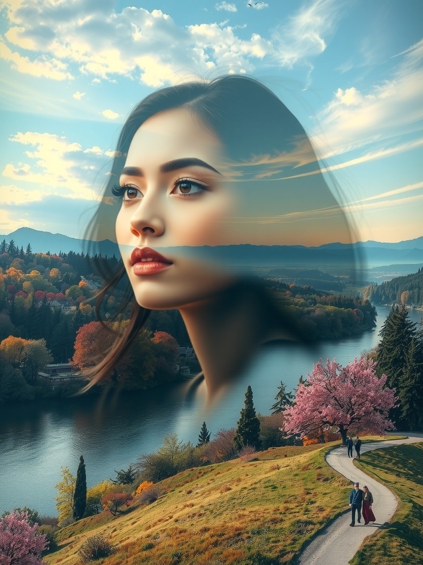 Serene Landscape with Woman and Autumn River Scene