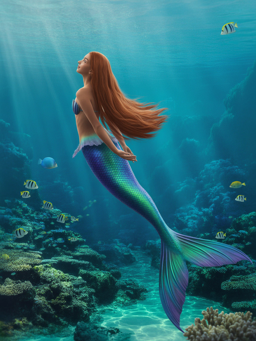 Underwater Scene with a Mermaid and Colorful Coral