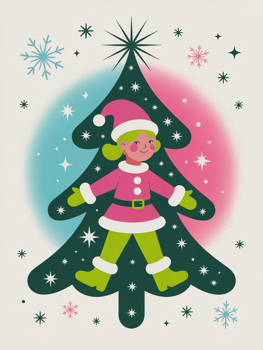 Cheerful Character in Pink and Green Christmas Outfit