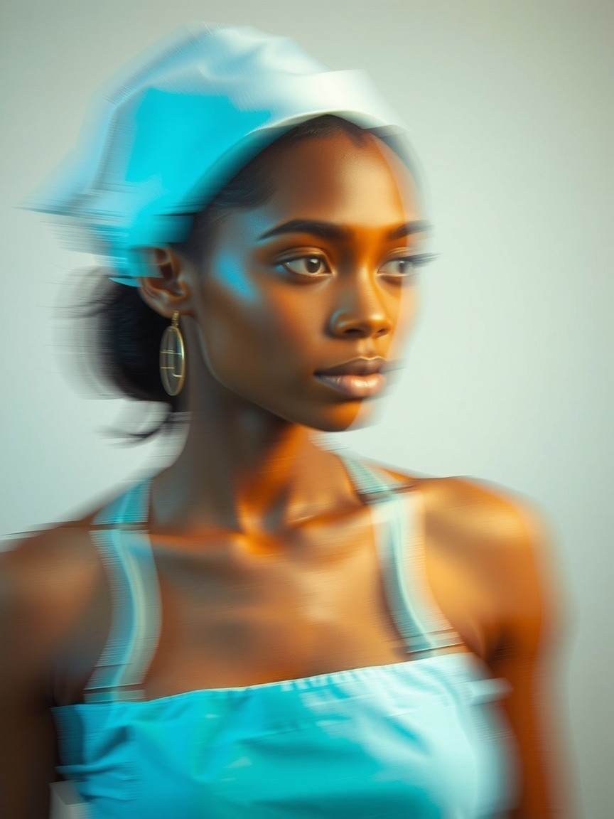 Young woman in blue headscarf with serene expression