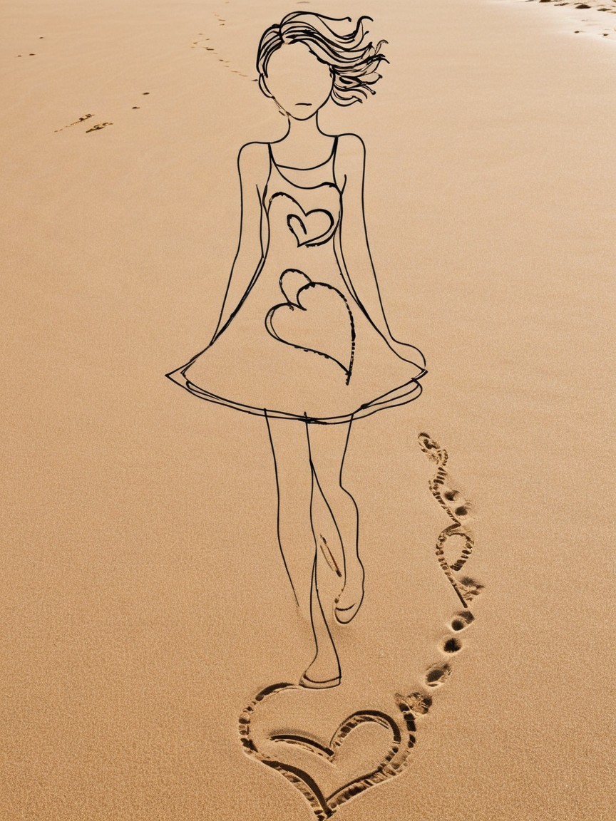 Sandy Beach Scene with Heart-Shaped Footprints