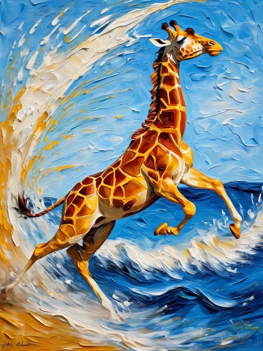Giraffe Leaping Through Ocean Waves in Vibrant Painting