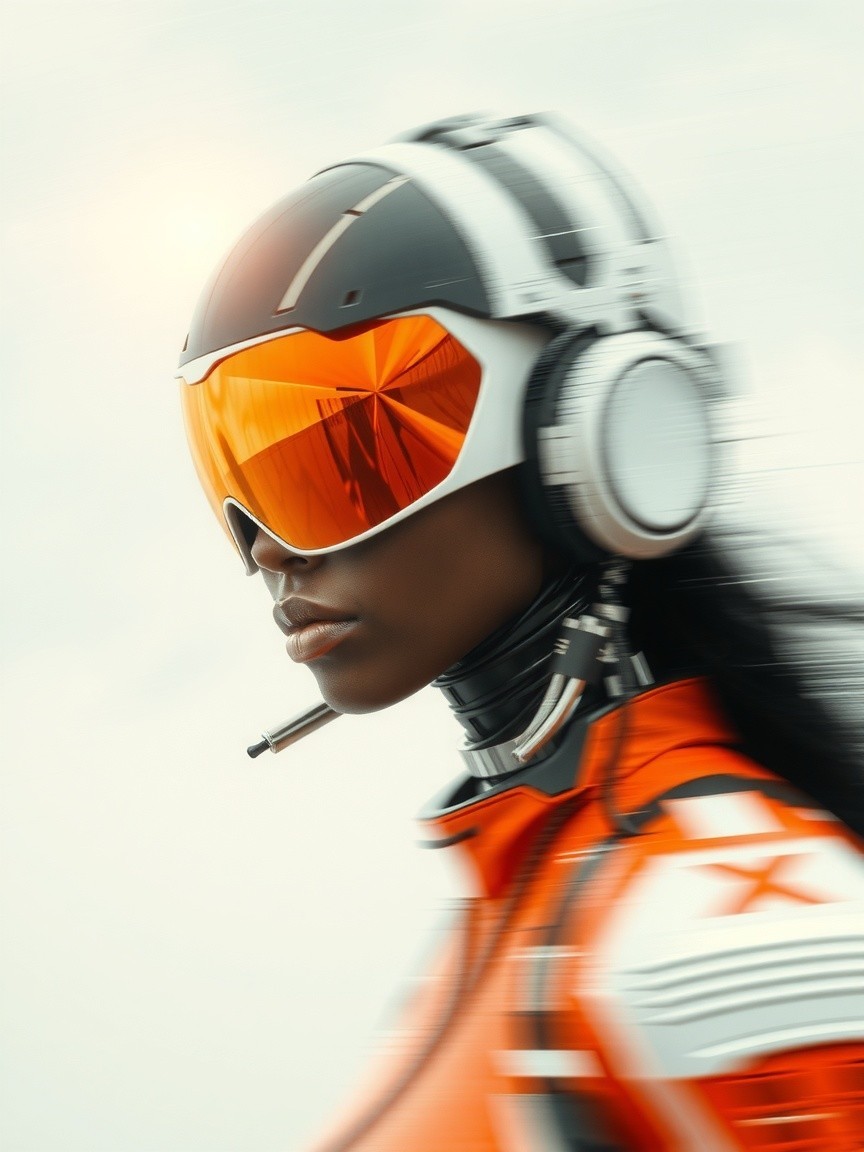Futuristic athlete in orange racing suit with tech gear