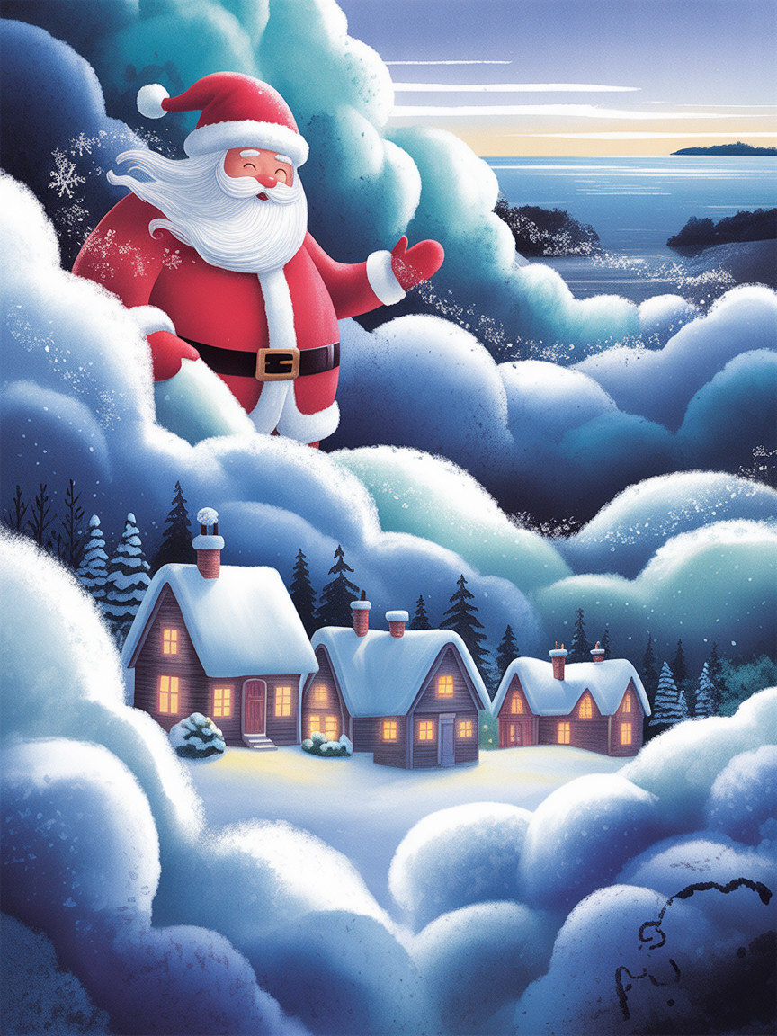 Illustration of Santa Claus with Clouds and Water Background