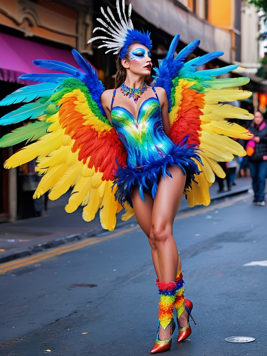 Vibrant Performer in Colorful Feathered Costume