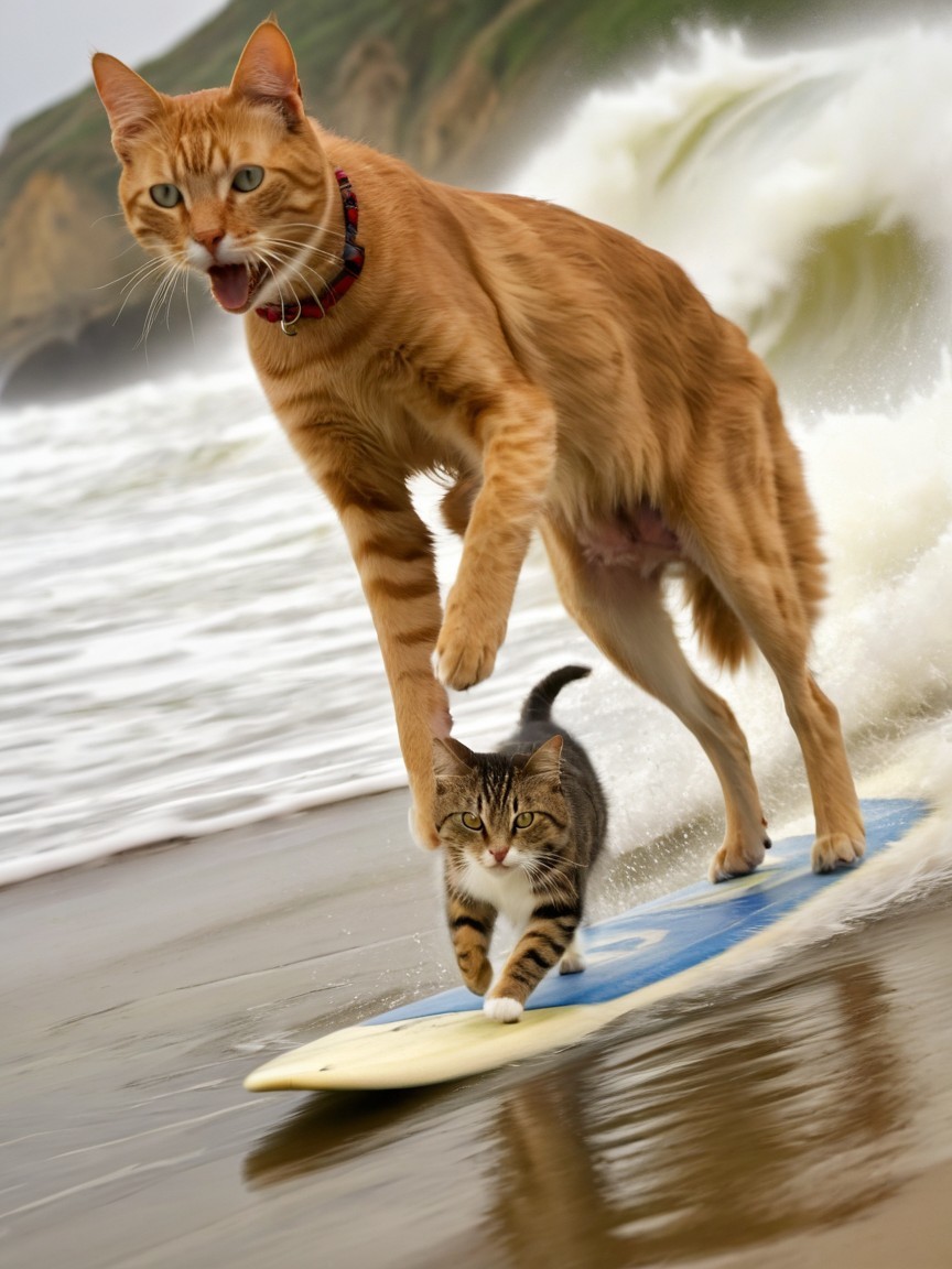 Large orange cat surfing with tabby on sandy shore