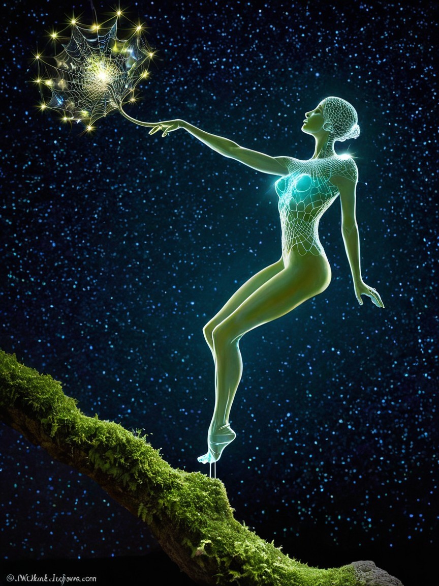 Ethereal woman figure with neon glow and spiderweb pattern