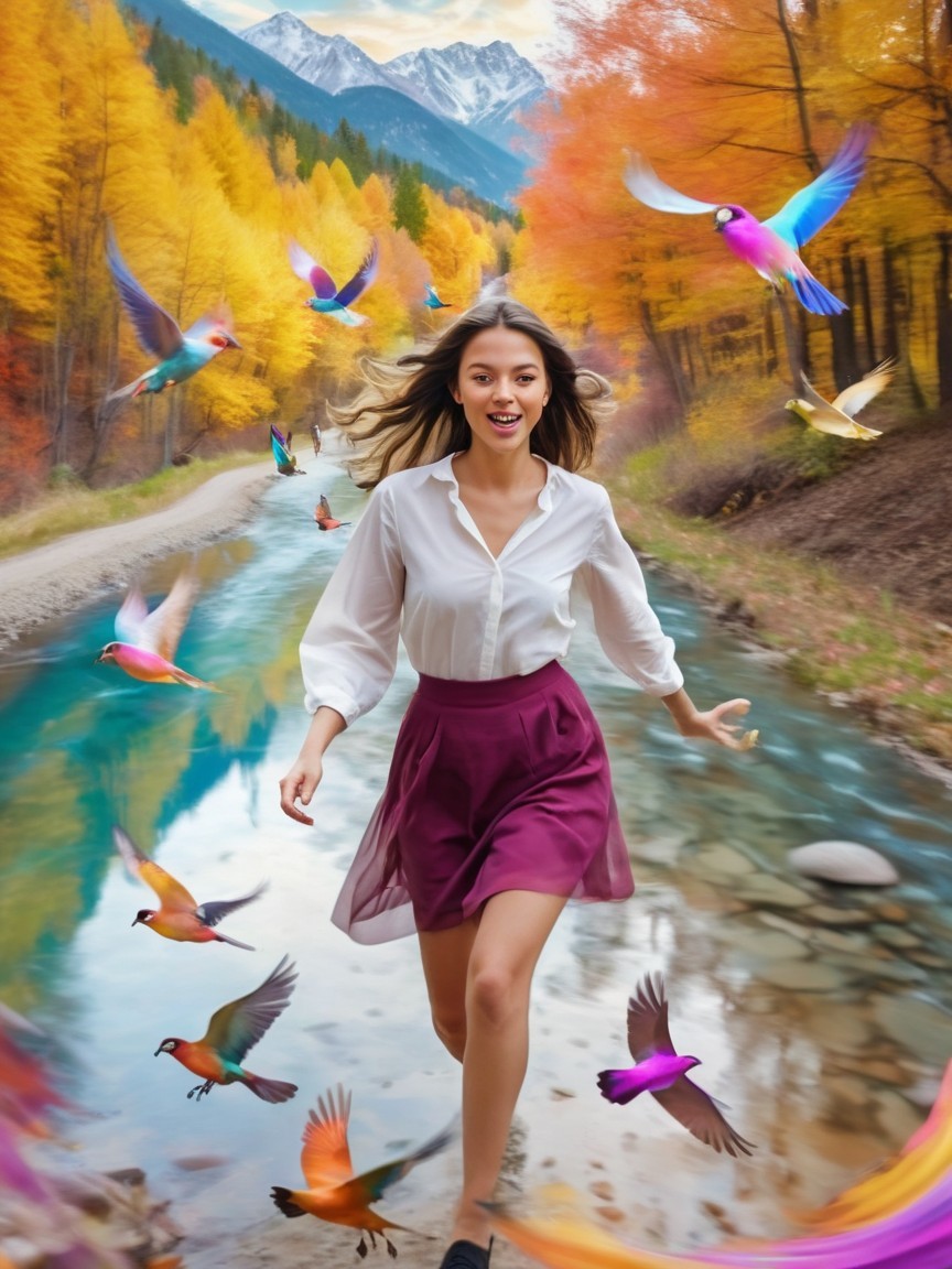 Young woman running by a serene river in autumn