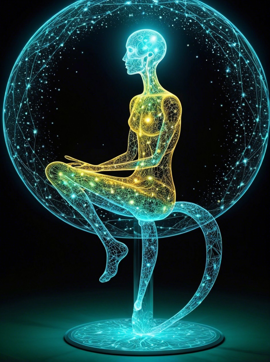 Digital art of a humanoid figure meditating in light