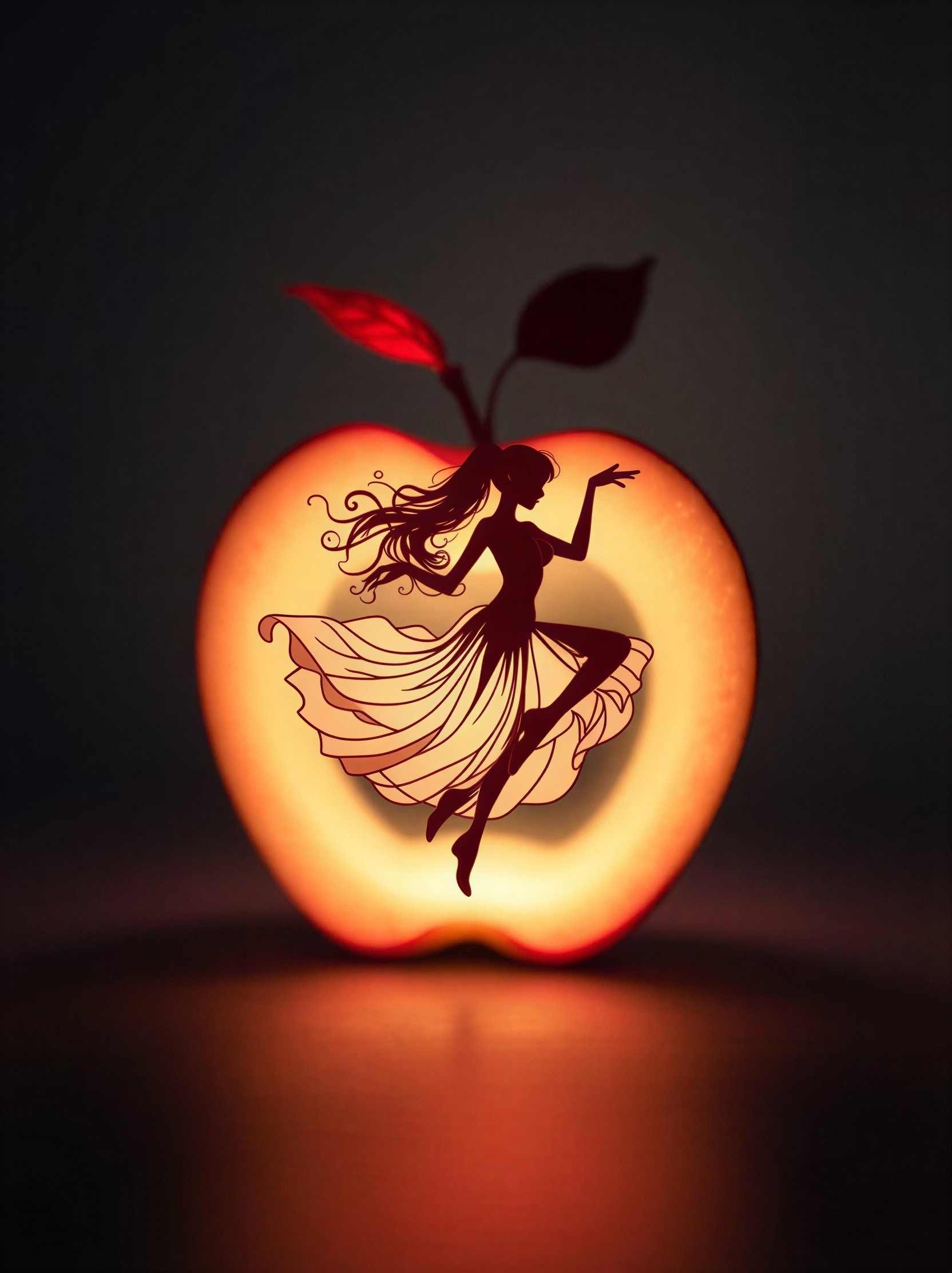 Silhouette of a Woman in Bioluminescent Apple Setting