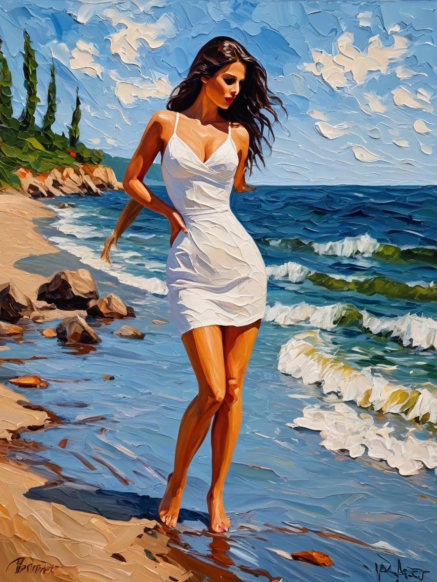 Woman in White Dress by Serene Beach Shoreline