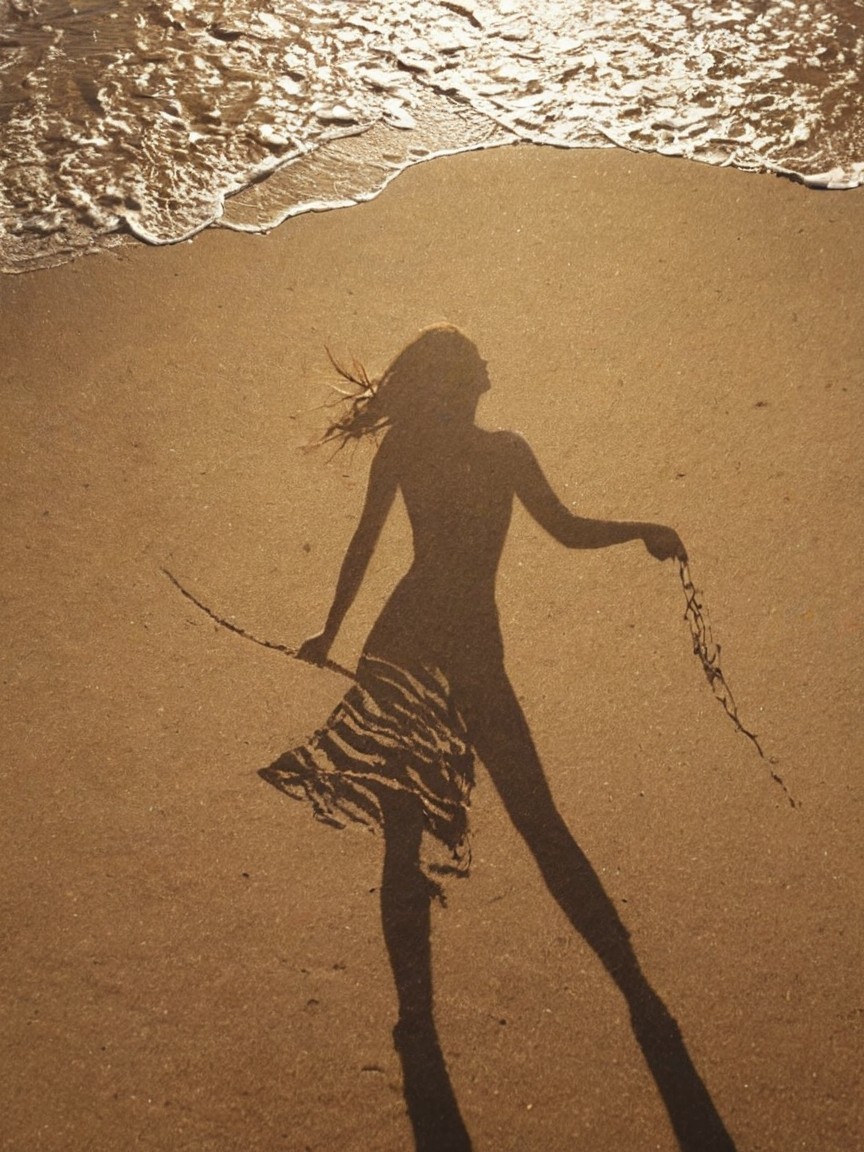 Sunlit Beach Scene with Woman in Flowing Dress