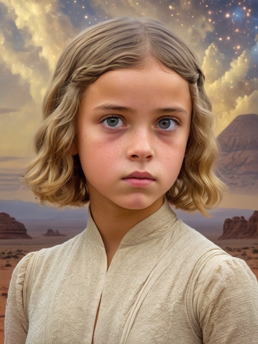 Young girl with blonde hair in cosmic desert scene