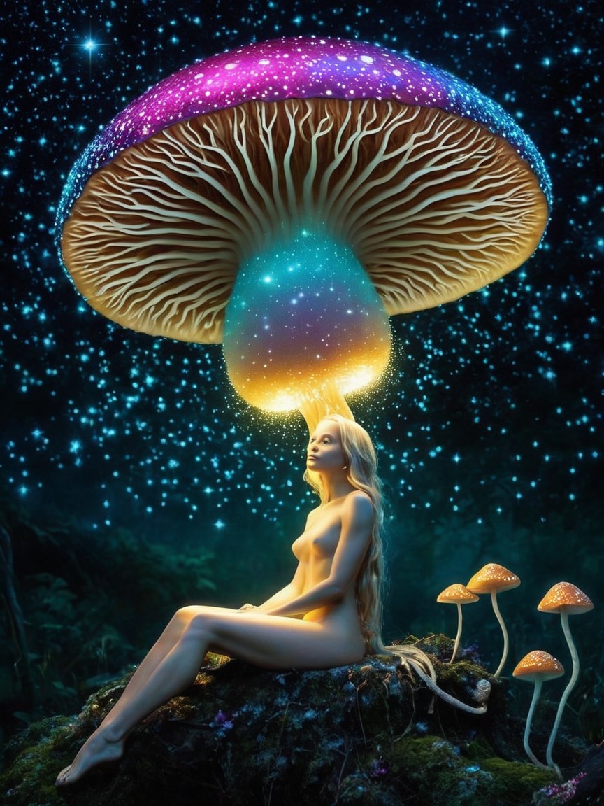 Surreal Portrait of a Woman Under a Glowing Mushroom