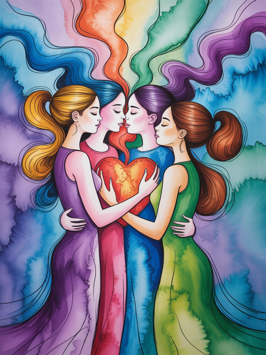 Three Women Embracing with Colorful Hair and Unity