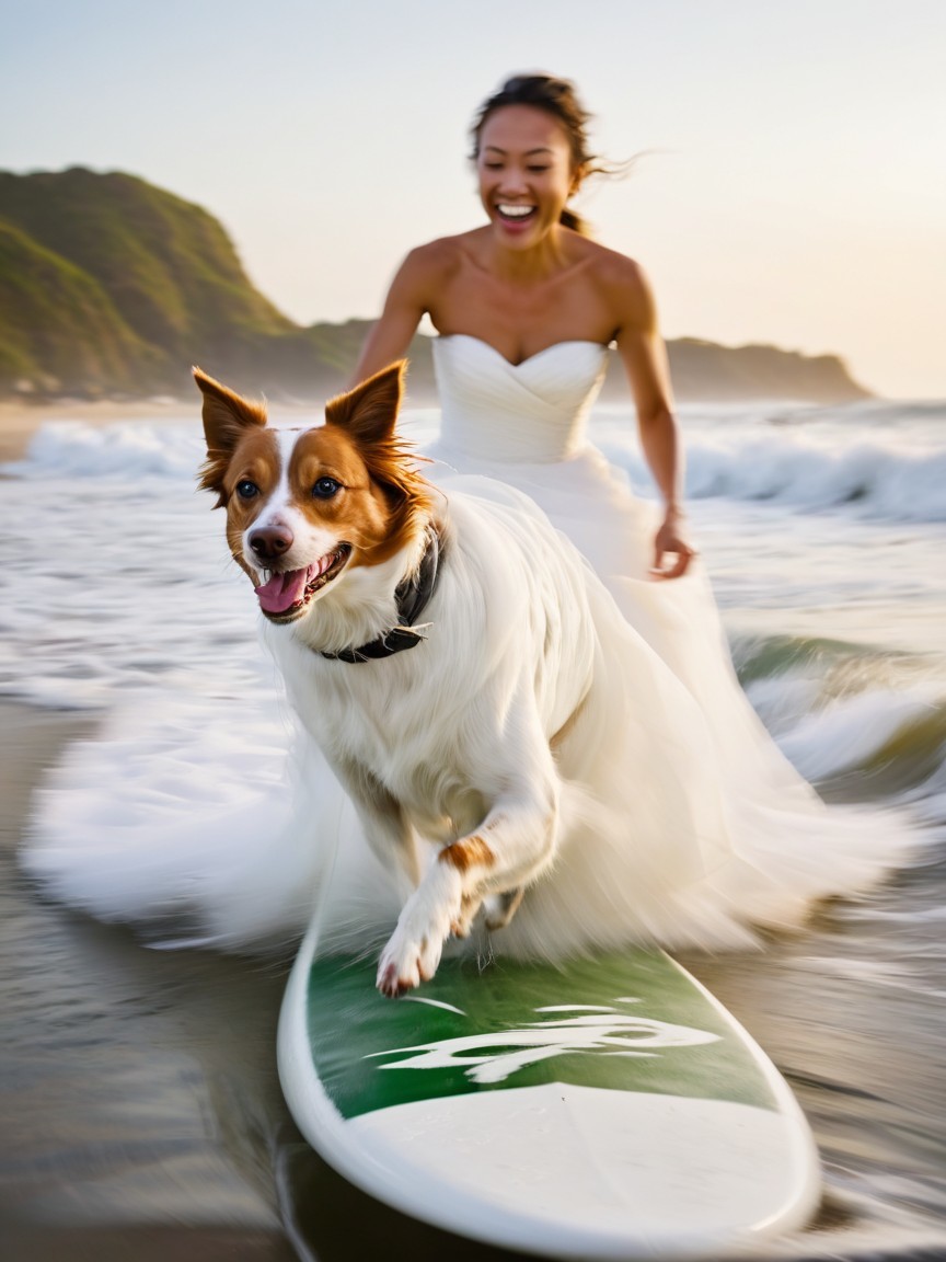 Bride in White Dress Surfing with Dog at Sunset