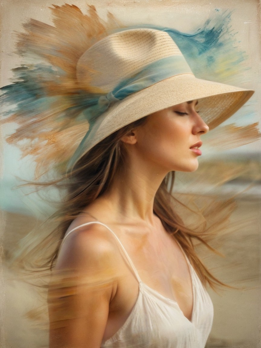 Serene Woman on Beach with Stylish Straw Hat