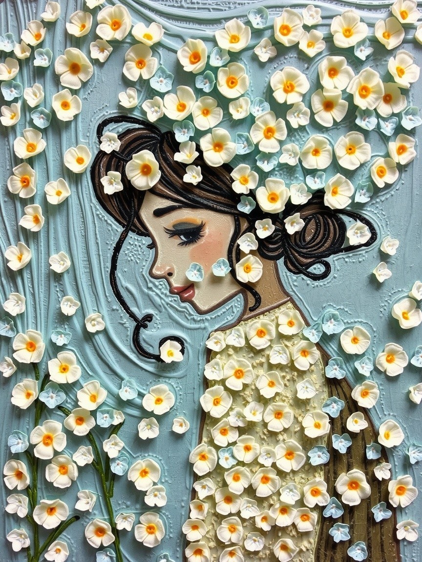 Woman Surrounded by White Flowers and Soft Blue Background