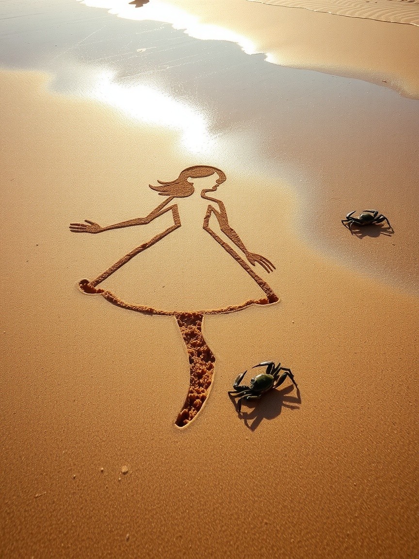 Sand drawing of a girl on a tranquil beach scene