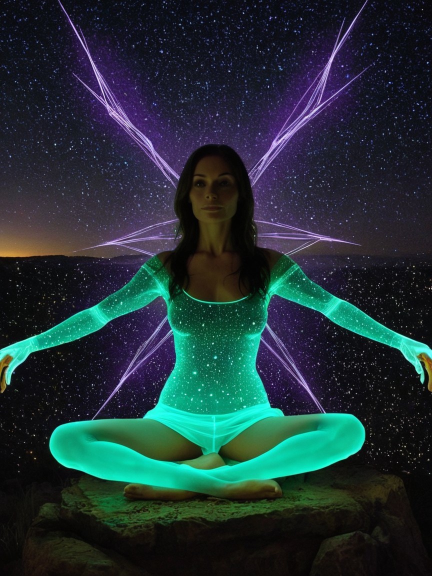 Woman in glowing teal bodysuit against starry night sky