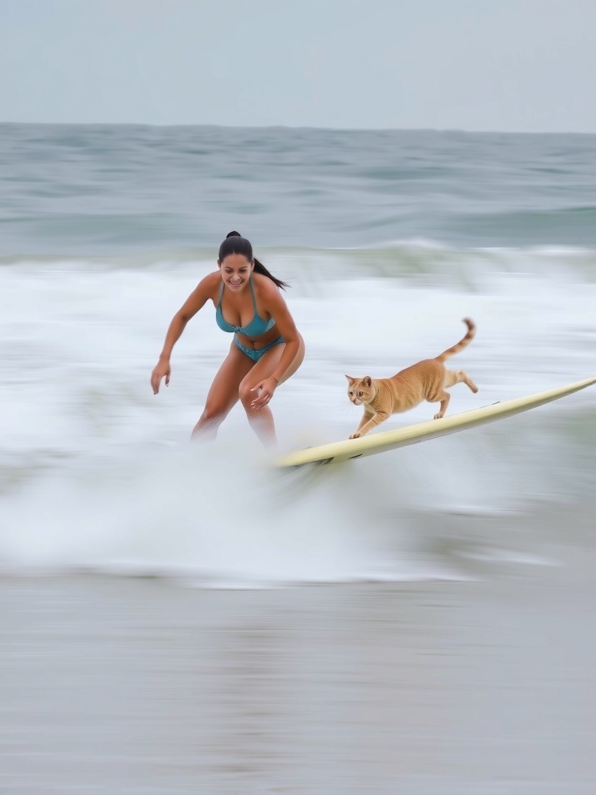 Woman in Blue Bikini Surfing with Ginger Cat
