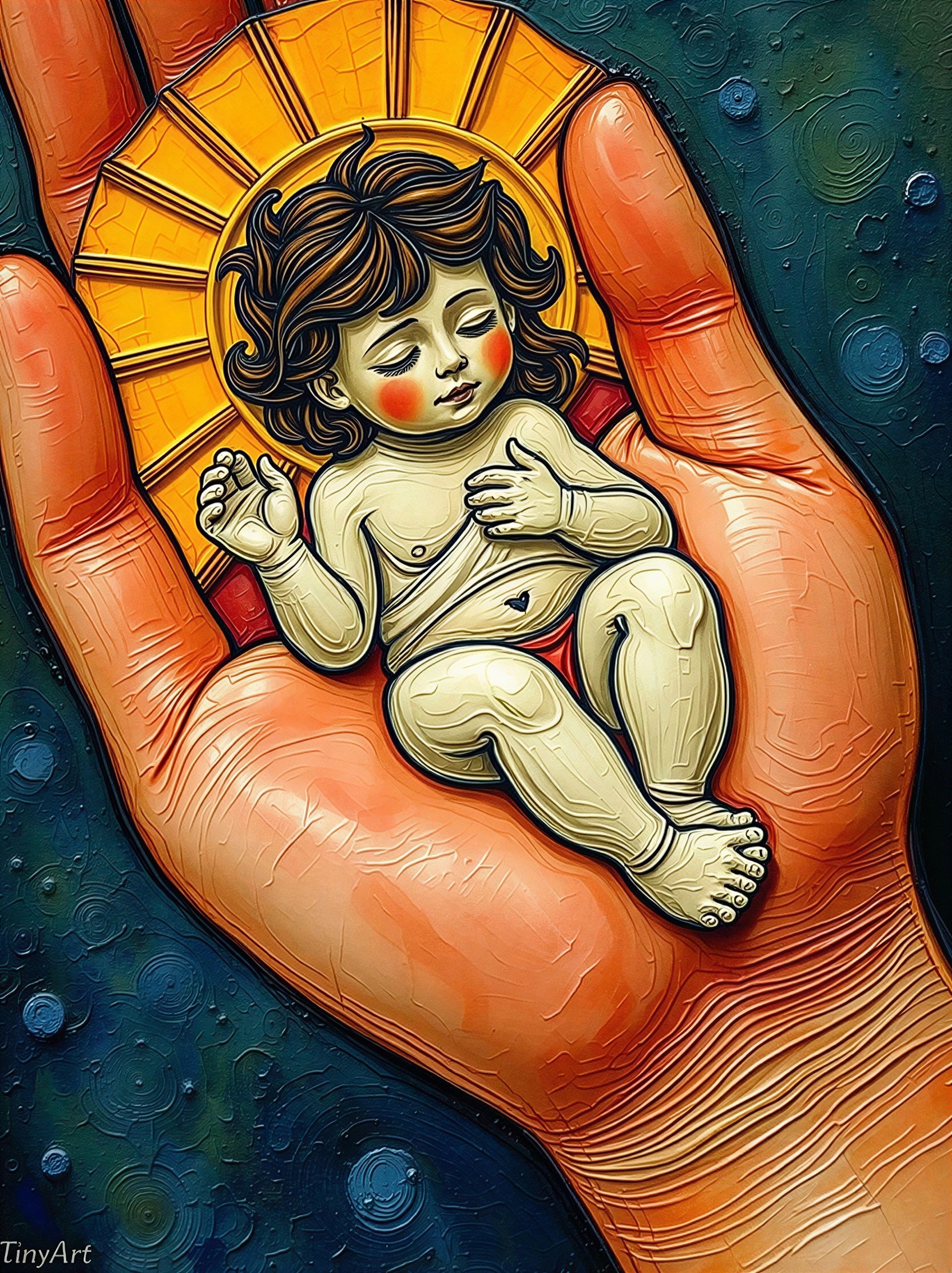 Cartoon Close-Up of Baby with Halo in Hand