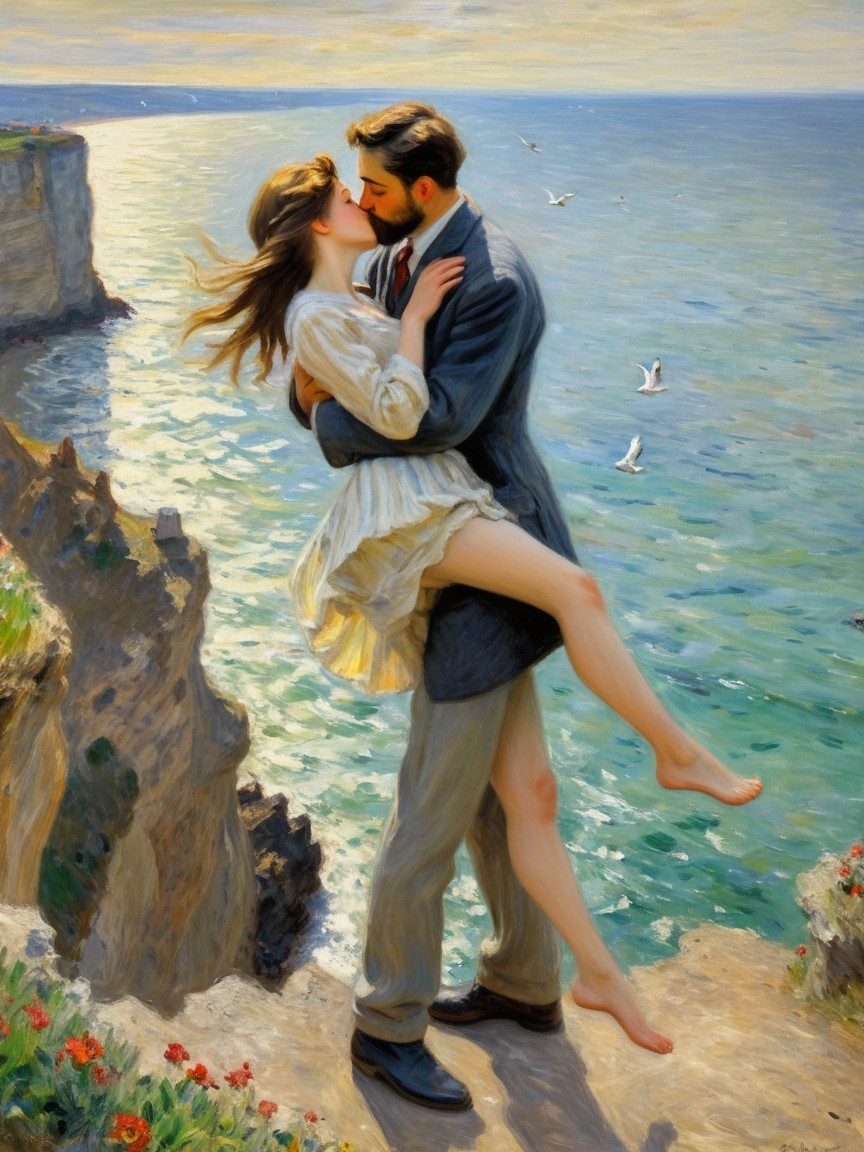 Romantic Oil Painting of Embrace on Ocean Cliff