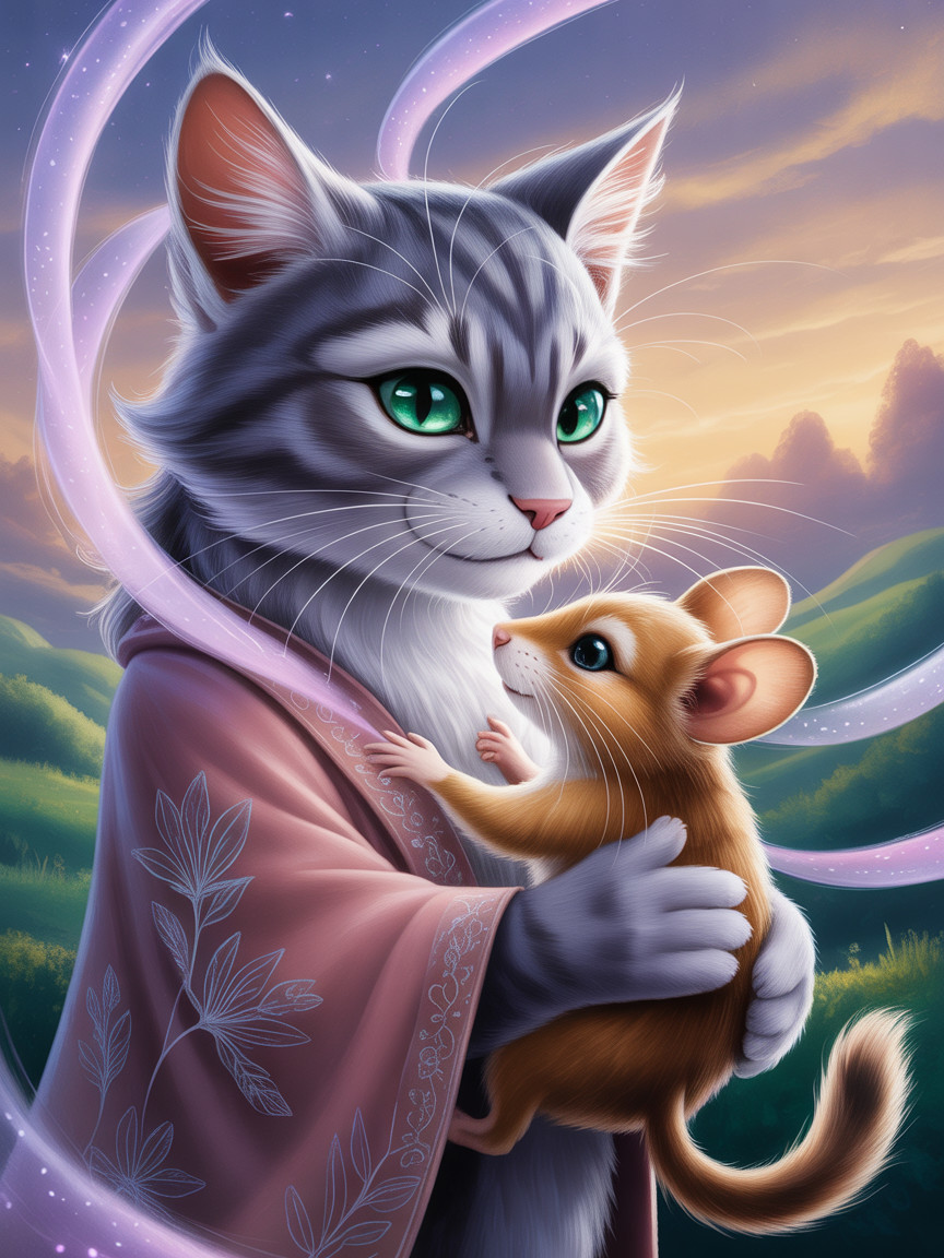 Whimsical Sunset Scene with Cat and Mouse Interaction