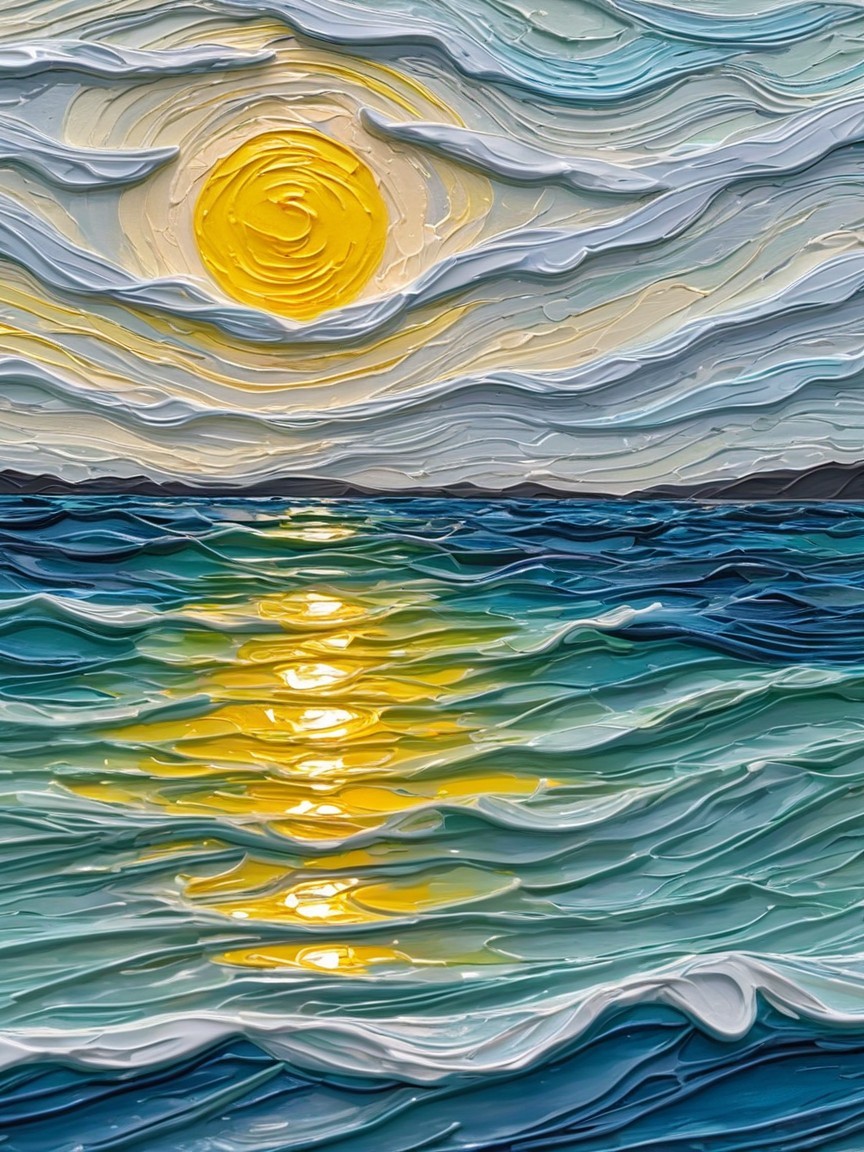 Textured Oil Painting of Sunset Over Ocean
